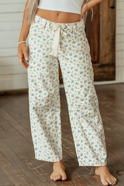 Beige Grommet Knot Waist Floral Barrel Leg Jeans