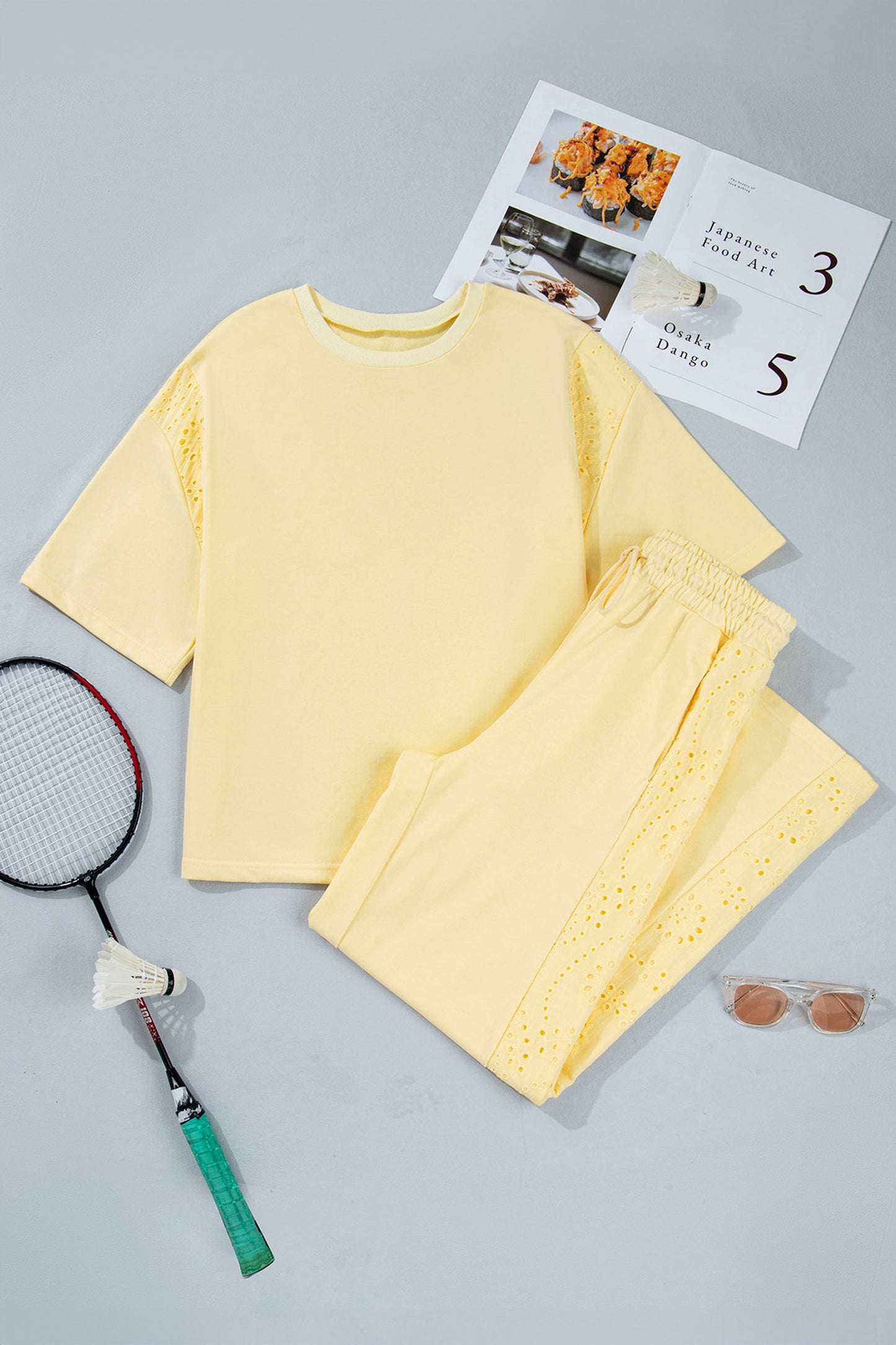 Light Green Lace Patchwork Half Sleeve Top Elastic Waist Pants Two Piece Set