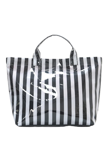 Color black Glossy Striped Vinyl Large Tote Bag