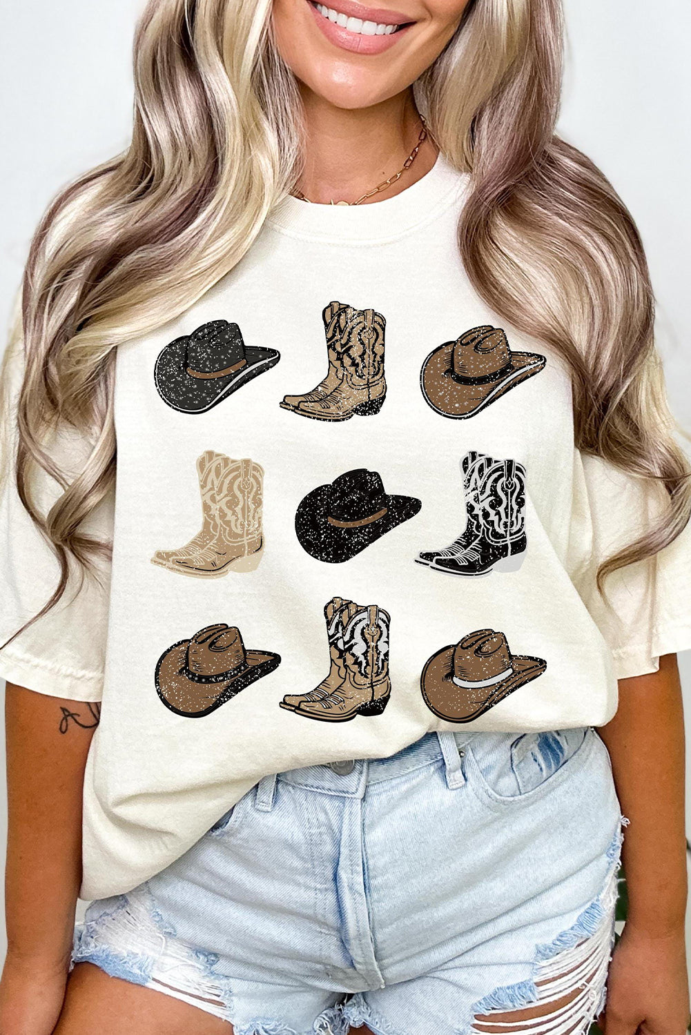 T-shirt blanc imprimé bottes de cowboy western