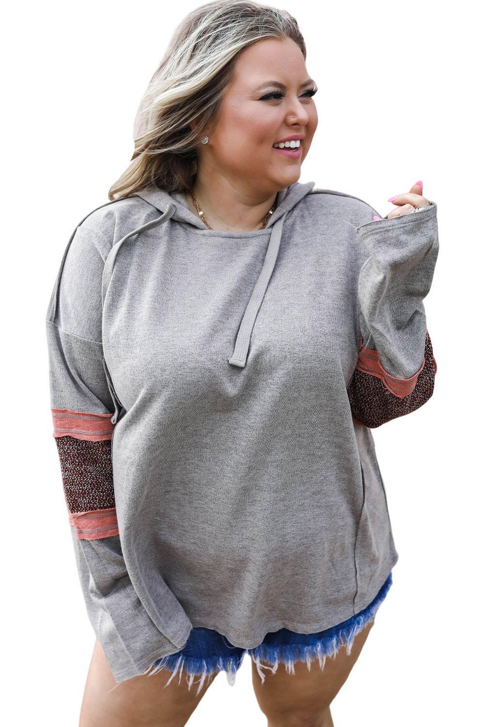 Sudadera con capucha de talla grande con manga parcheada en contraste gris 