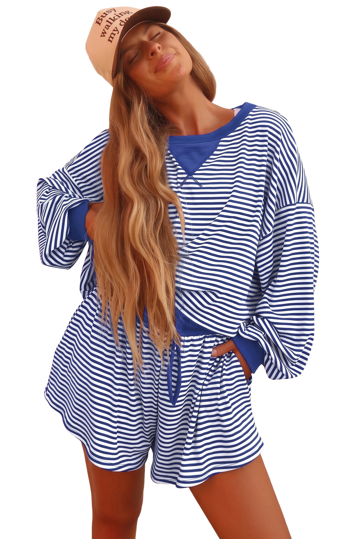 Blue Stripe Oversized Long Sleeve Top Drawstring Loose Shorts 2pcs Set