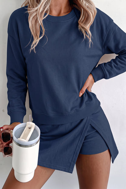 Dirty blue Solid Color Long Sleeve Top Split Skort 2pcs Outfit