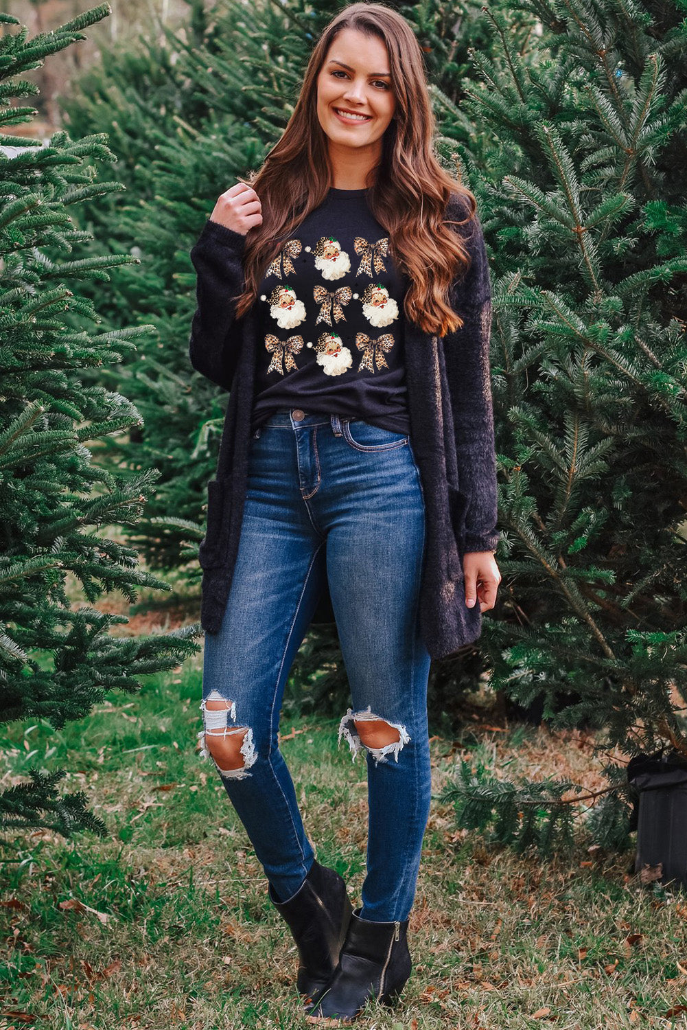 T-shirt décontracté à col rond et imprimé léopard noir avec nœud Père Noël