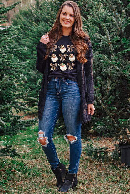 T-shirt décontracté à col rond et imprimé léopard noir avec nœud Père Noël