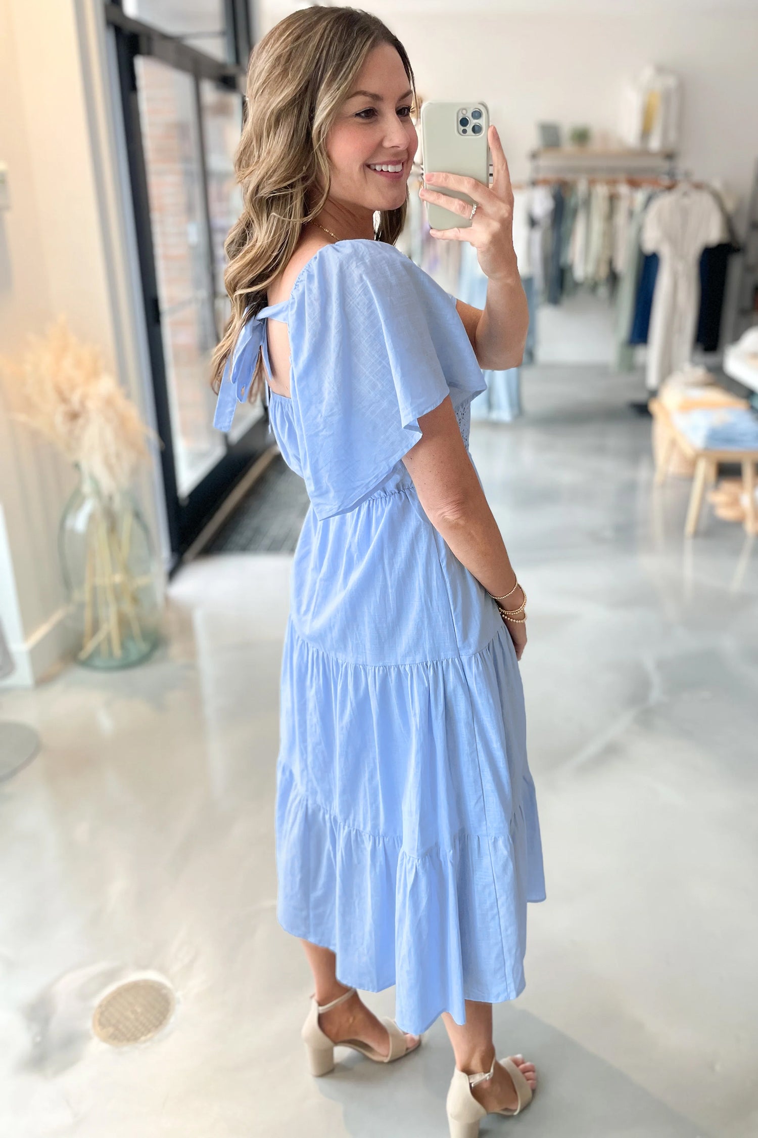 Beau Blue Flowy Short Sleeve Lace Detail Square Neck Tiered Midi Dress Beau Blue / M / 55%Cotton+45%Viscose