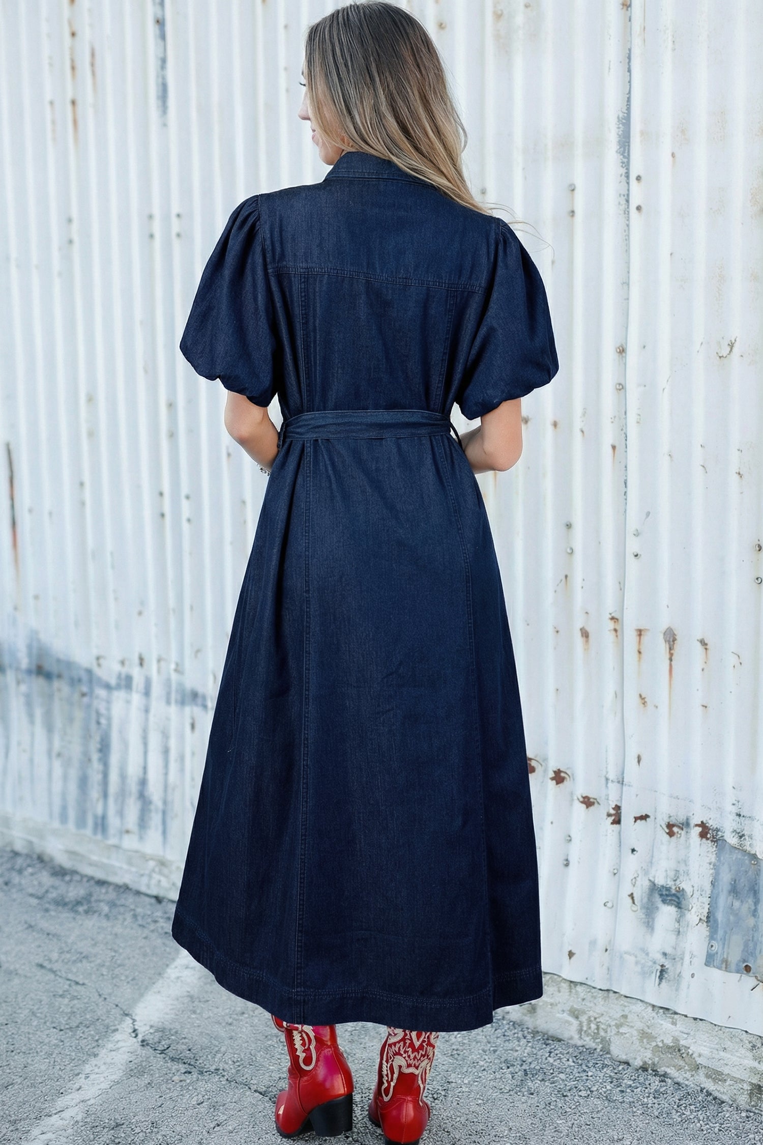 Sail Blue Full Buttons Collared Short Bubble Sleeve Long Denim Dress Sail Blue / L / 100%Cotton