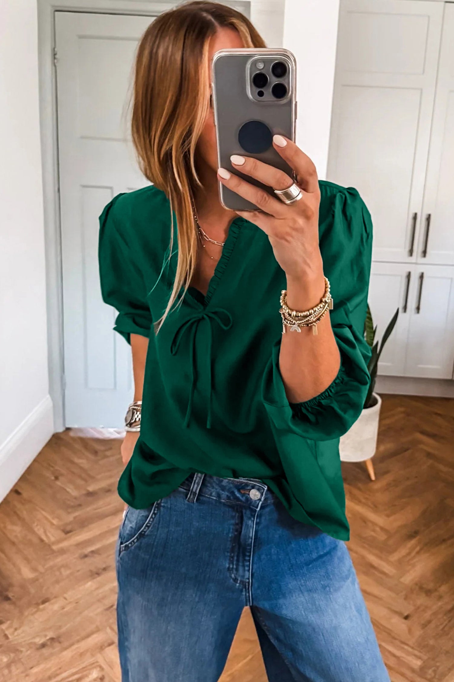 Blackish Green Solid Color Frilled V Neck Bow Detail 3/4 Sleeve Blouse