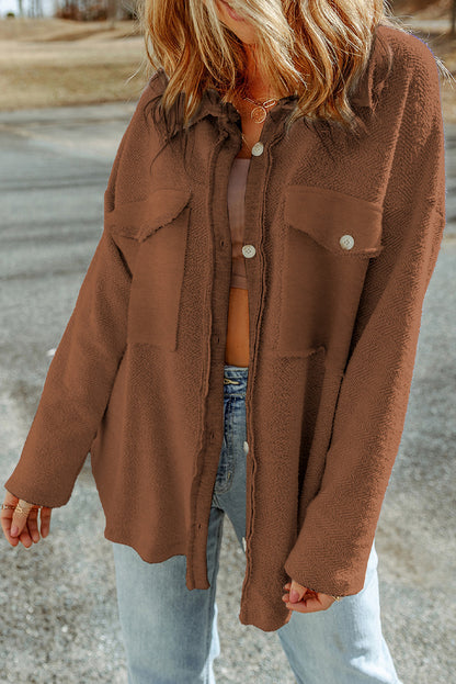 Brown Exposed Seam Terry Patchwork Shacket