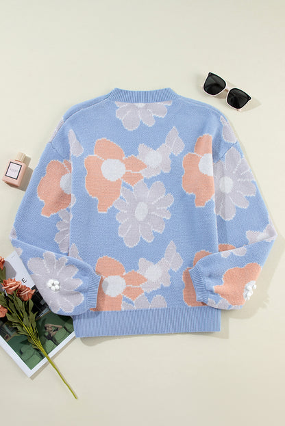 Pull tricoté à col rond et épaules tombantes à motif floral bleu Beau