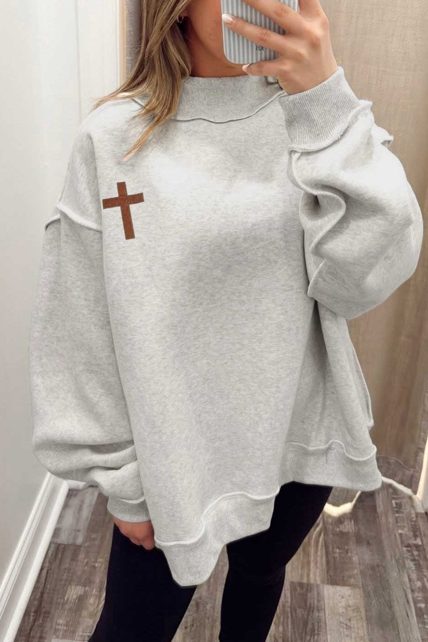 Light Grey Reversible Christian Faith Print Mock Neck Pullover Sweatshirt