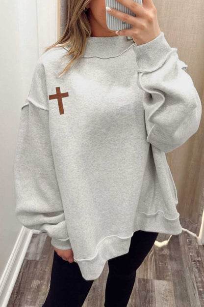 Light Grey Reversible Christian Faith Print Mock Neck Pullover Sweatshirt