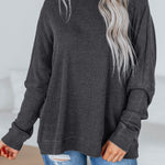 Dark Grey Waffle Knit Patchwork Long Sleeve Loose Top