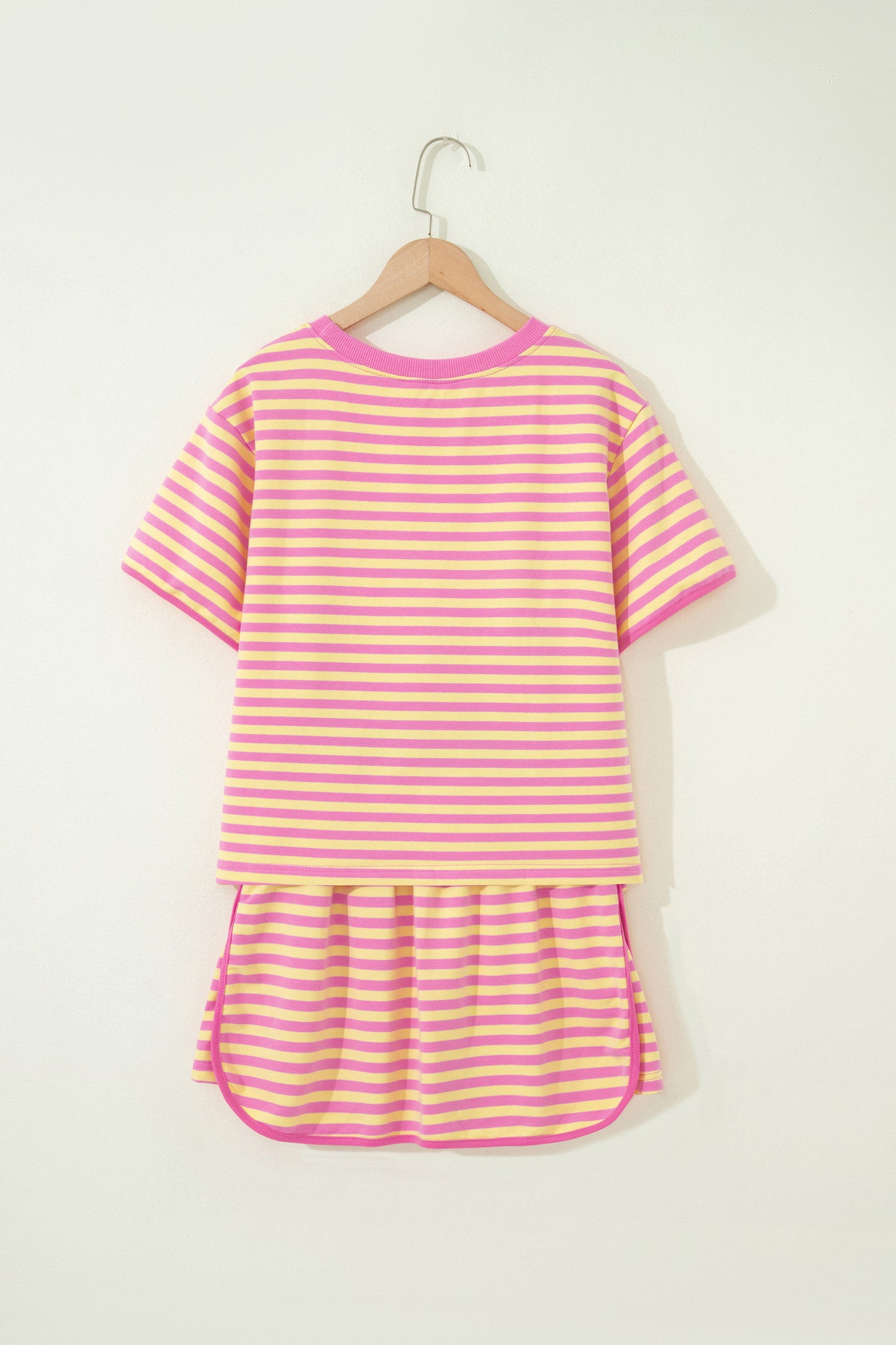 Pink Stripe Relaxed Short Sleeve Top Elastic Waist Drawstring Skort 2pcs Set