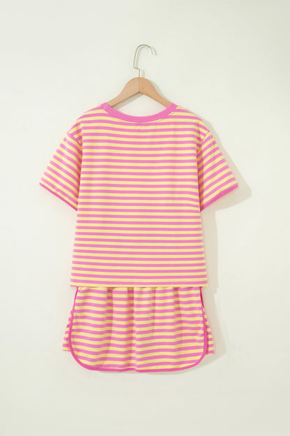 Pink Stripe Relaxed Short Sleeve Top Elastic Waist Drawstring Skort 2pcs Set