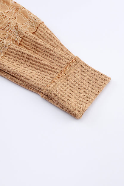 Haut à manches longues et col en V en dentelle gaufrée rose