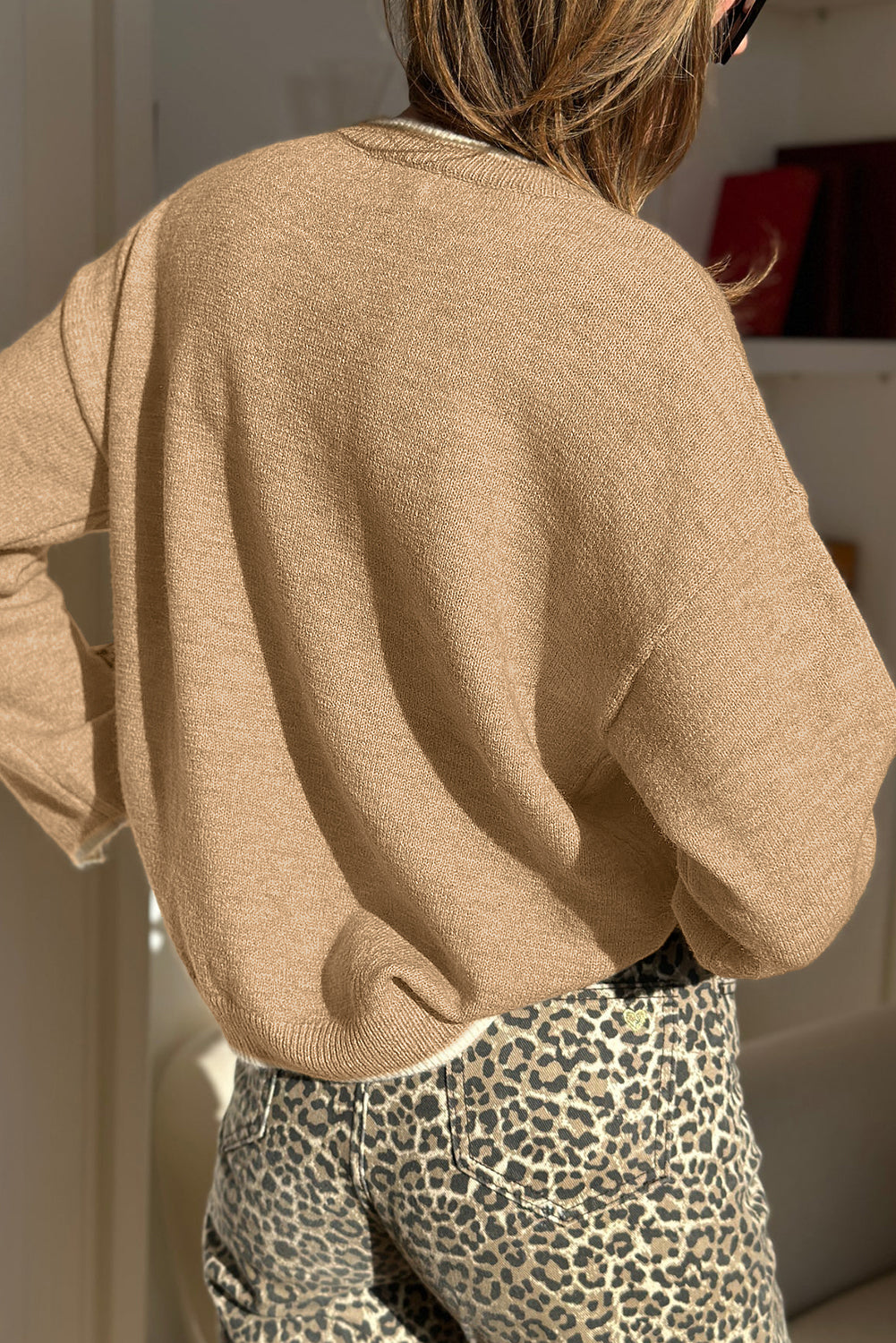 Tan Leopard Bow Decor Split Cuff Contrast Trim Sweater
