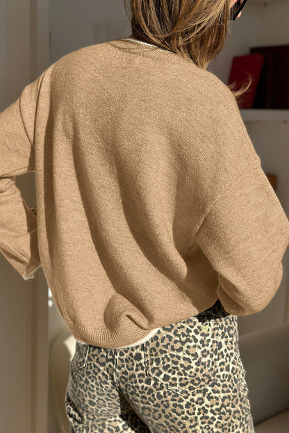 Tan Leopard Bow Decor Split Cuff Contrast Trim Sweater
