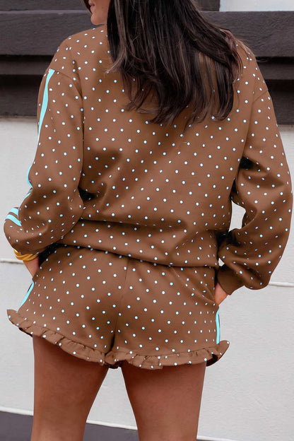 Brown Polka Dot Print Side Stripe Detail Casual Sweatshirt 2pcs Short Set