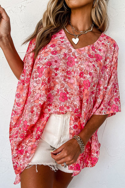 Chemisier kimono rose à fleurs style bohème et col en V