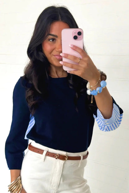 Navy Blue Drop Shoulder Long Sleeve Striped Pullover Sweater