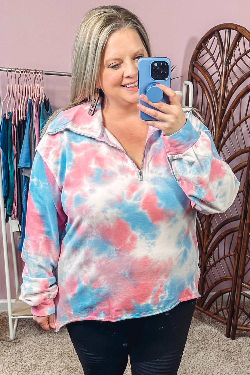 Sudadera con cuello y cremallera teñida anudada de talla grande multicolor