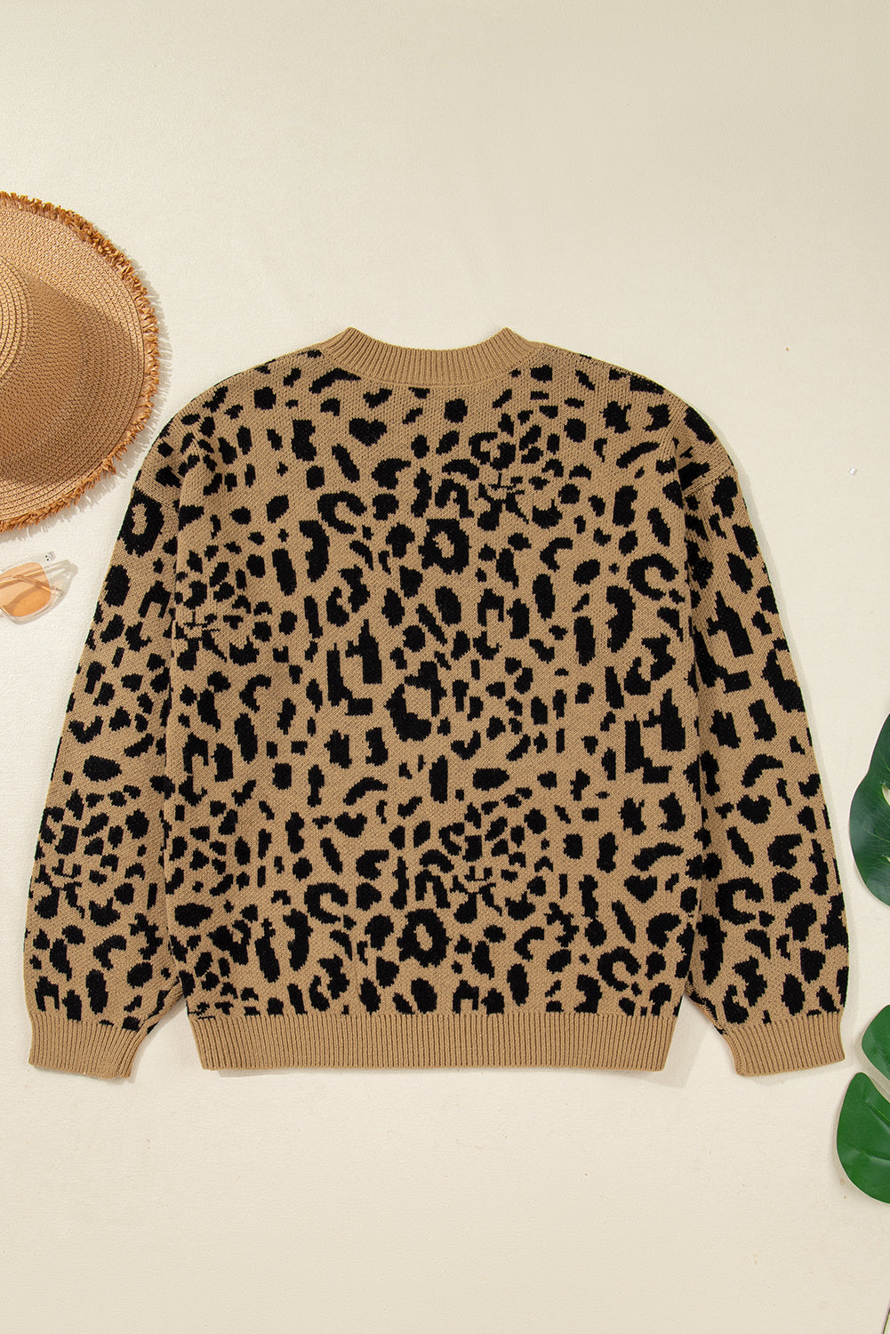 Light French Beige Ribbed Trim Round Neck Leopard Drop Shoulder Sweater