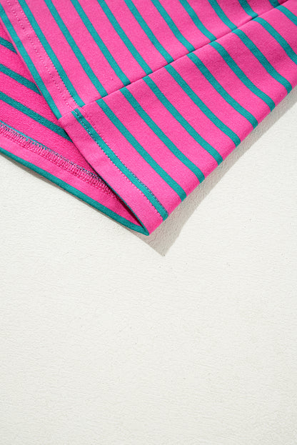 Robe t-shirt à rayures roses, col en V, manches bouffantes