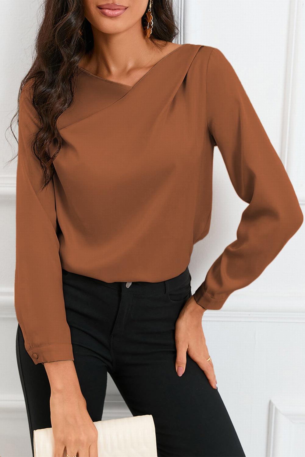 White Solid Asymmetric V Neck Long Sleeve Satin Blouse