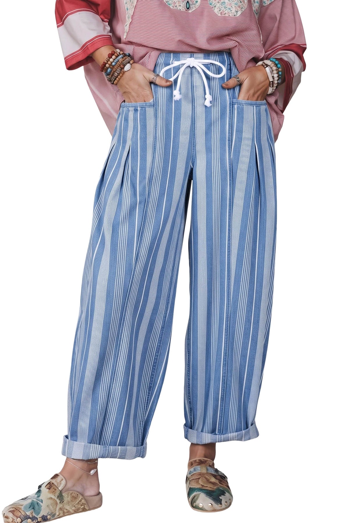 Sky Blue Stripe High Waist Wide Leg Lace Up Barrel Jeans