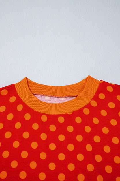 Red Polka Dot Print Contrast Trim Round Neck Bracelet Sleeve Top