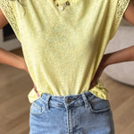 Yellow Cream Lace Patchwork Cap Sleeve Round Neck T Shirt