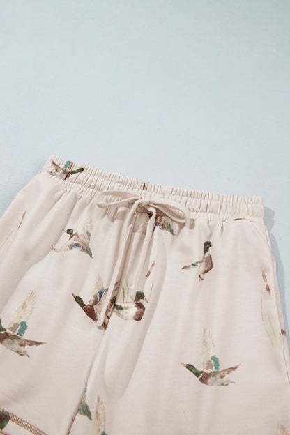 Khaki Mallard Print Color Block Patchwork Zip Pullover and Shorts Set