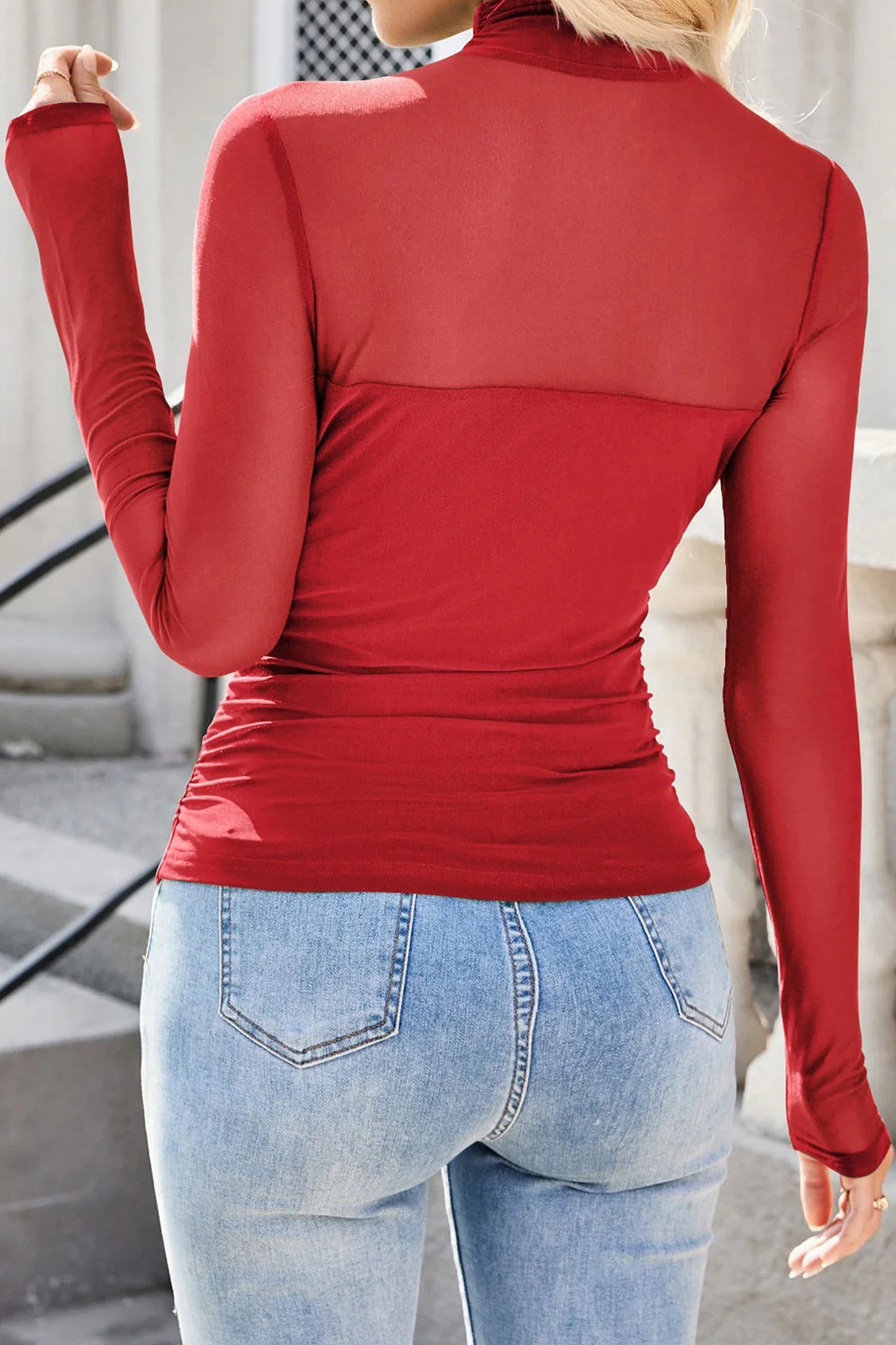 Fiery Red Sheer Mesh Patchwork High Neck Long Sleeve Top