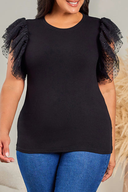 Haut en maille côtelée à volants et manches en maille à pois