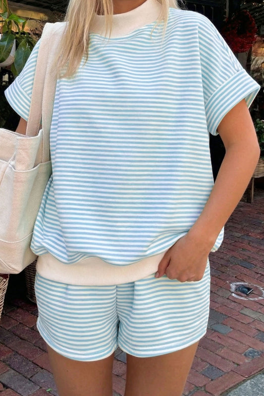 Sky Blue Stripe Cuffed Sleeve Contrast Mock Neck Tee Casual 2pcs Short Set