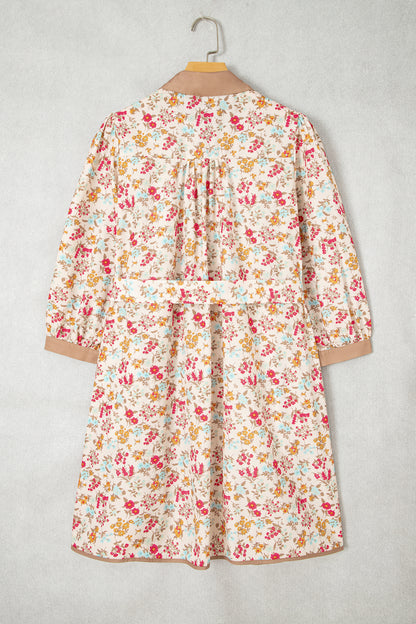 Orange Floral Print Color Block Trim Button Down 3/4 Sleeve Belted Mini Dress
