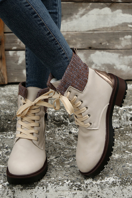 Beige Knitted Patched Lace-up Heeled Ankle Boots