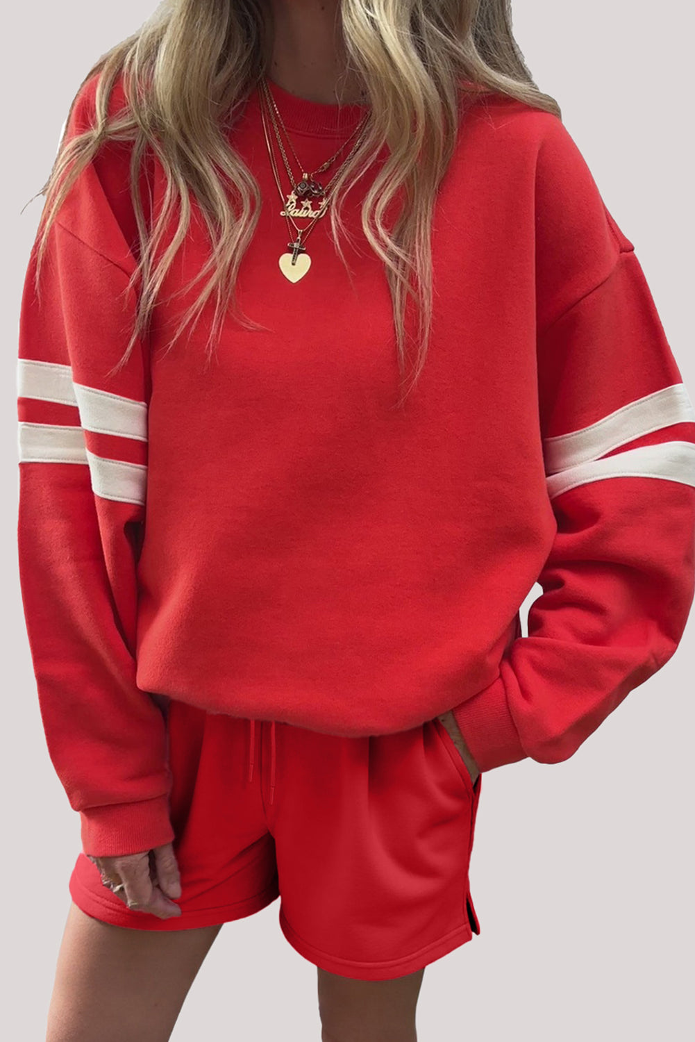 Fiery Red Varsity Striped Sleeve Drop Shoulder Sweatshirt and Short Set
