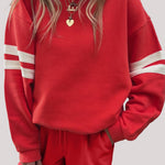 Fiery Red Varsity Striped Sleeve Drop Shoulder Sweatshirt and Short Set