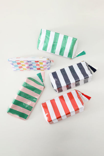 Carrot Striped Vinyl Waterproof Tassel Zipper Makeup Bag