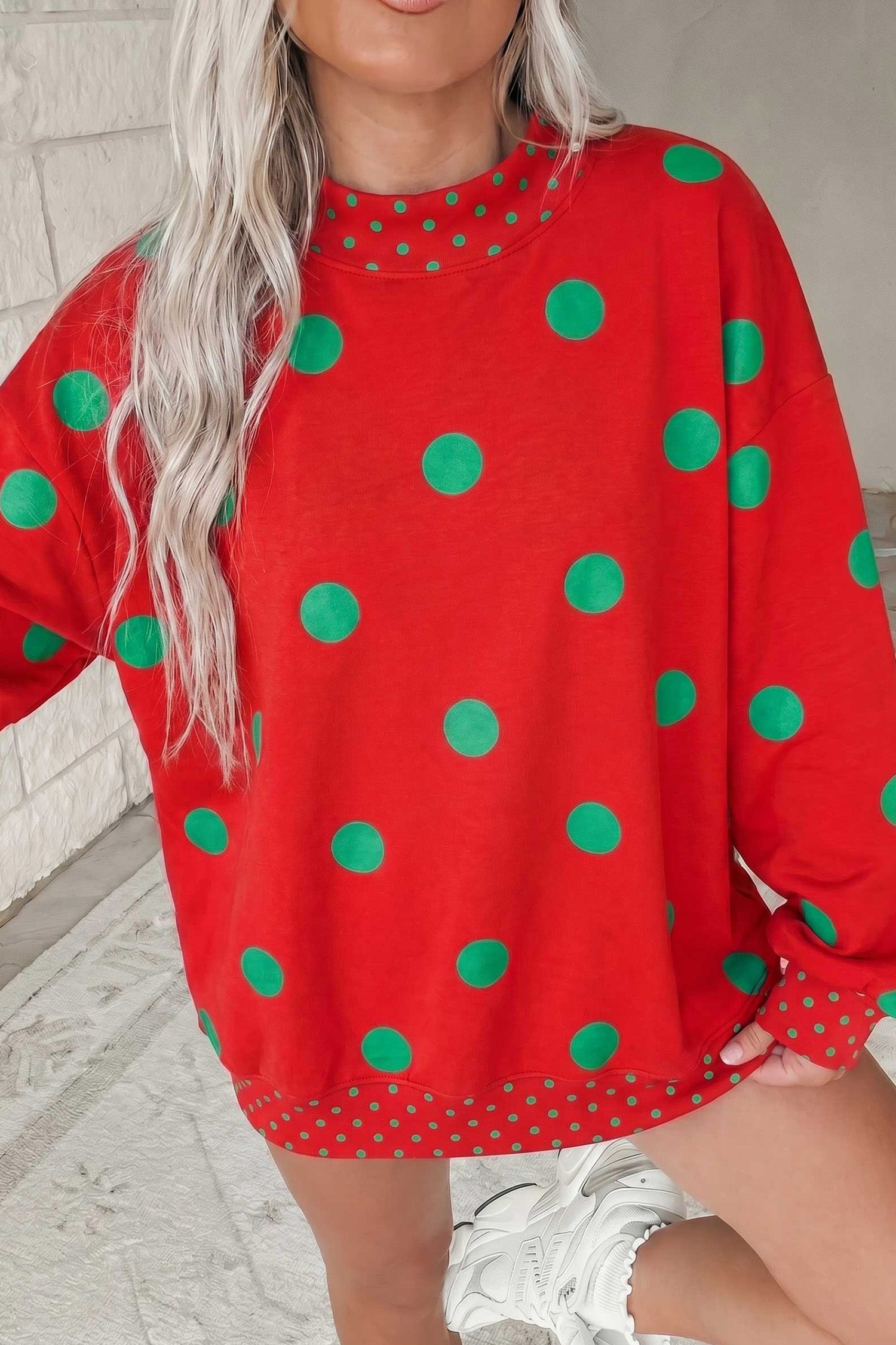 Red Polka Dot Print Contrast Detail Oversized Tunic Sweatshirt