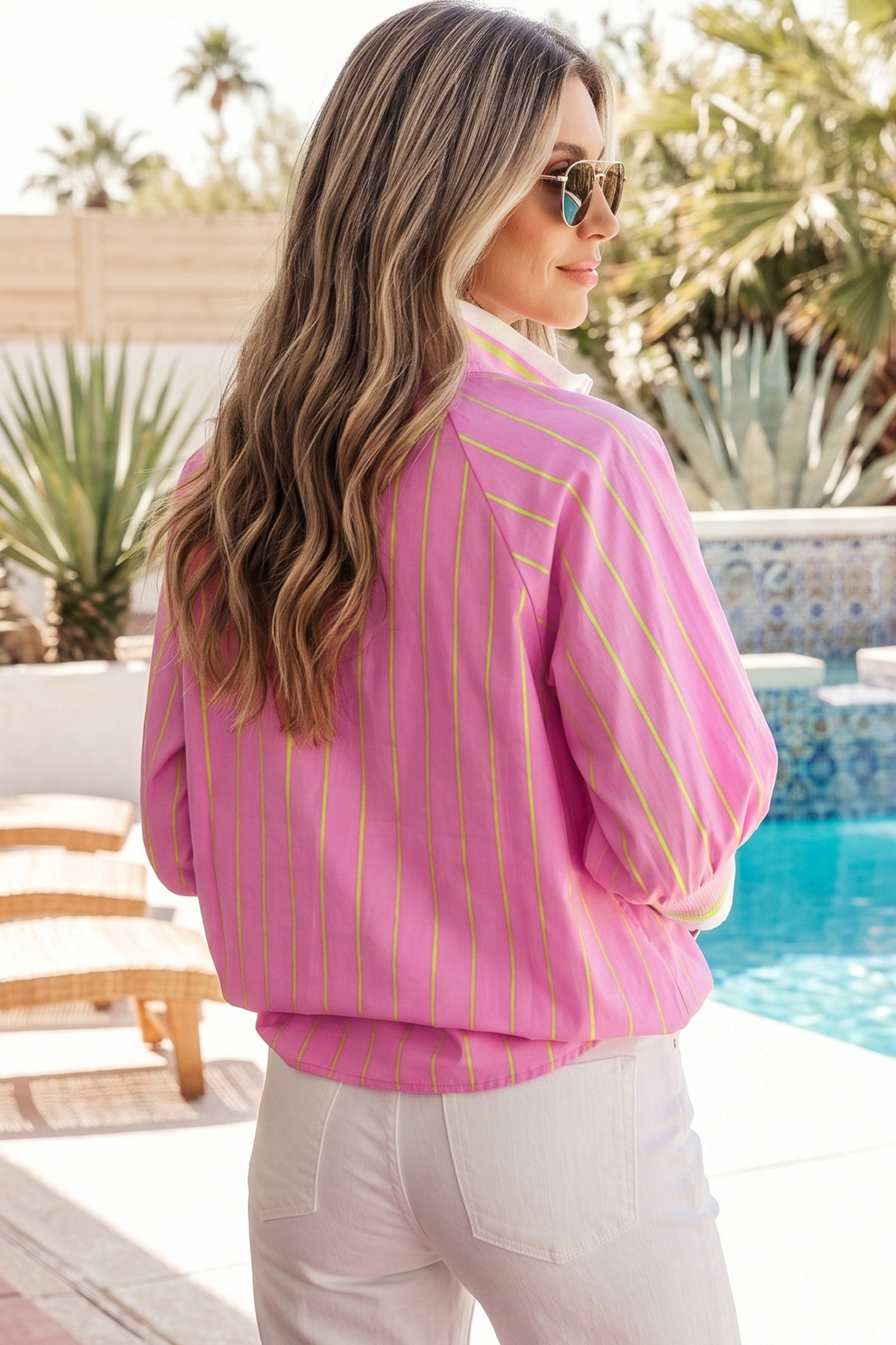 Pink Stripe Striped V-Neck Half Sleeve Zipper Ribbed Cuff Casual Shift Blouse