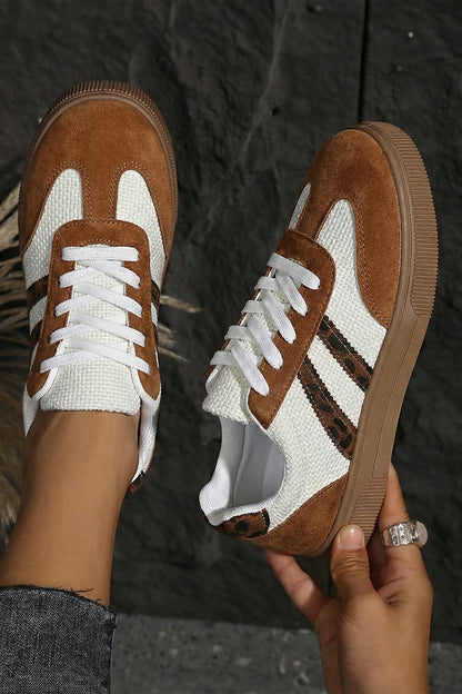 Coffee Textured Woven PU Leather Leopard Patchwork Flat Sneakers