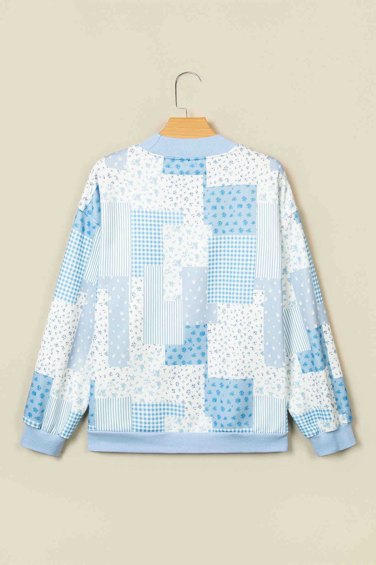 Sky Blue Patchwork Floral Print Mock Neck Long Sleeve Sweatshirt