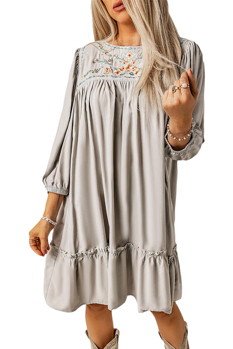 Floral Embroidered Long Sleeve Babydoll Mini Dress