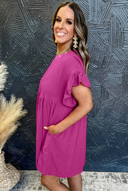 Mini-robe à volants texturée rouge rose à manches courtes