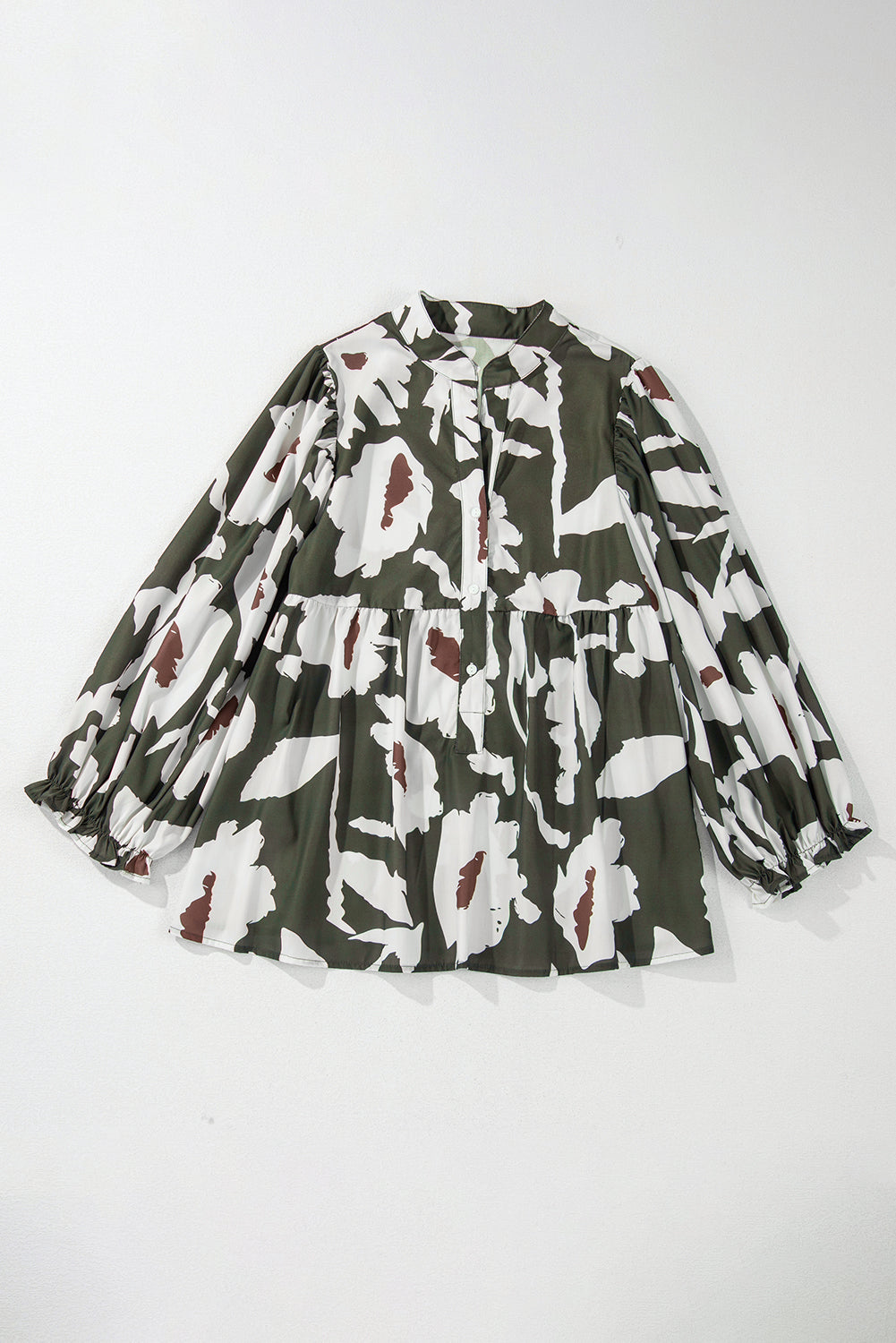 Chemisier à manches bouffantes et demi-bouton à imprimé floral abstrait trèfle à quatre feuilles