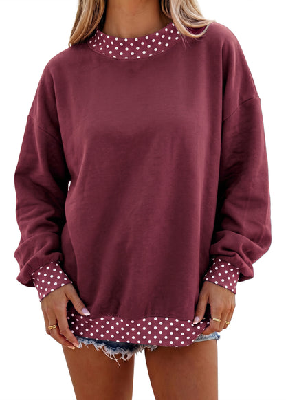 Burgundy Colorblock Polka Dot Contrast Trim Oversized Sweatshirt