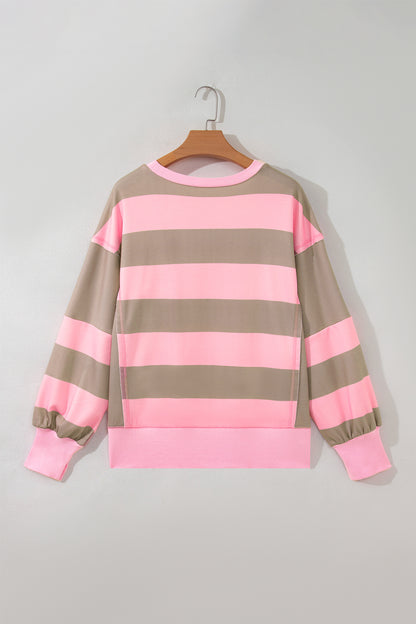 Pink Stripe Raw Seam Patchwork Drop Shoulder Plus Size Sweatshirt